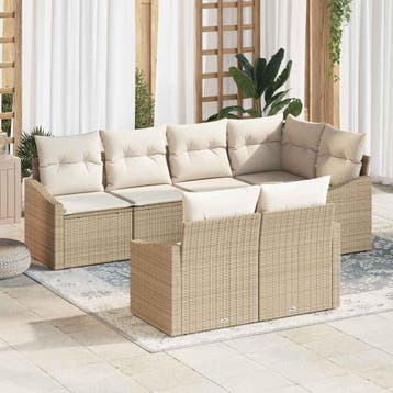 vidaXL Tuinbank Set 7 st Beige en Wit poly rattan, Verzenden