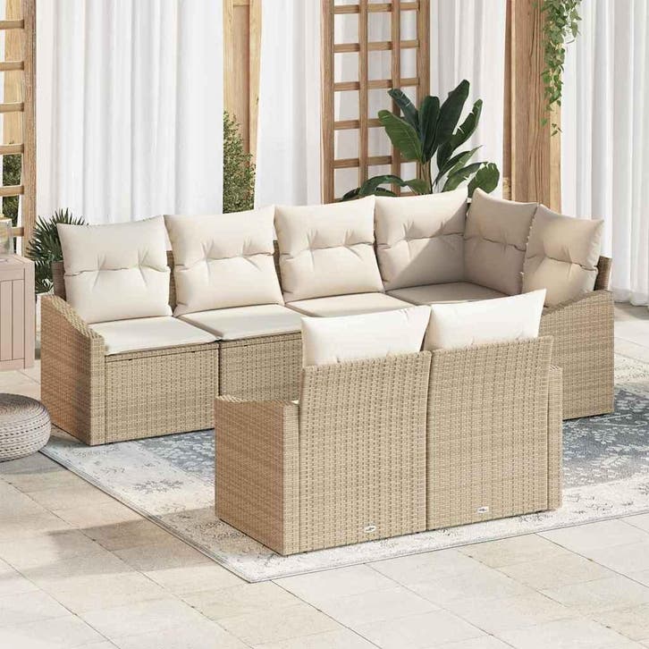 vidaXL Tuinbank Set 7 st Beige en Wit poly rattan, Jardin & Terrasse, Ensembles de jardin, Envoi