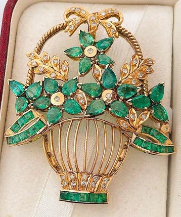 Broche - 18 carats Or jaune Émeraude - Diamant