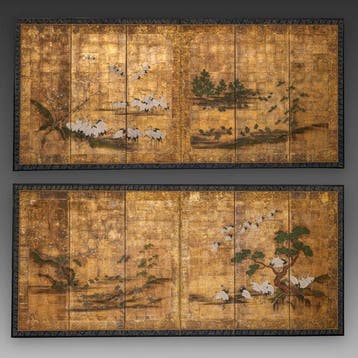 Byôbu  (vouwschermen) - Papier, Hout, Zijde, Gelakt hout,
