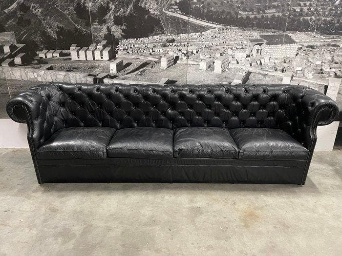 Sofa - Chesterfield-stijl - Leder, Hout - 275 cm, Antiquités & Art, Curiosités & Brocante