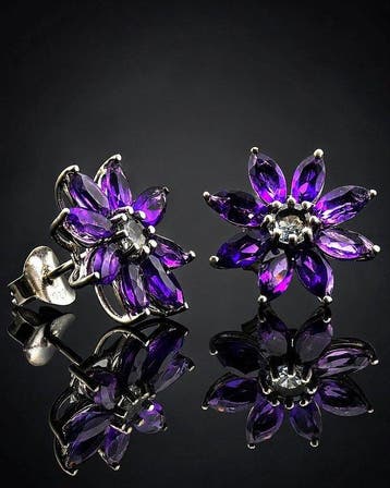 Amethist Bloemen Oorbellen - 925 Sterling Zilver -