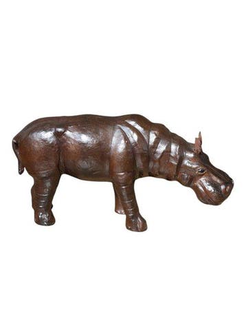 Statue, Vintage Hippo Statue - 18 cm - Cuir, Bois - 1970