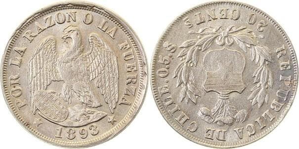 1893 Fehlpraegung 20 Centavos Chile dezentriert gepraegt, Postzegels en Munten, Munten | Europa | Niet-Euromunten, België, Verzenden