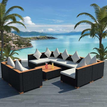 vidaXL 9-delige Loungeset met kussens poly rattan zwart, Verzenden, Nieuw, Loungeset