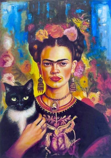 Darvis - Frida Kahlo ante el abismo azul y su guardián, Antiek en Kunst
