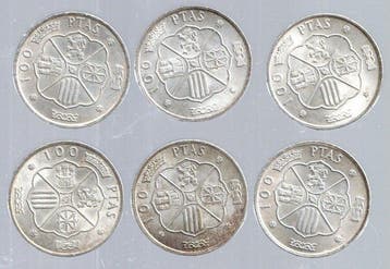 Spanje. 100 Pesetas 1966, Lote de 6 moedas (Zonder