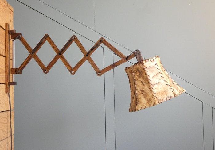 Schaarlamp - Harmonica lamp - Eikenhout, Leder, Antiek en Kunst, Kunst | Designobjecten