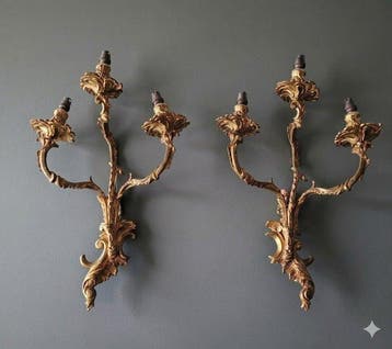 Lampe murale - Bronze doré - Paire dappliques à trois bras,