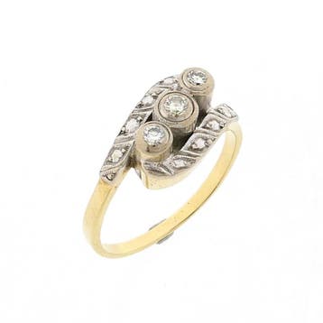 Bicolor gouden ring met diamant; 0,19 ct., Handtassen en Accessoires, Ringen, Gebruikt, 19 tot 20, Ophalen of Verzenden, Met edelsteen