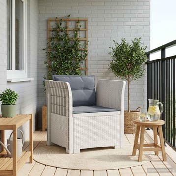 vidaXL Eén-zits Fauteuil met Kussens Rieten Look PP Wit, Verzenden