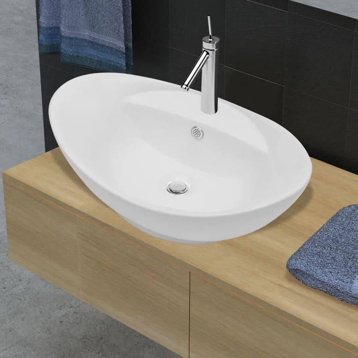 vidaXL Luxe wastafel met overloop en kraangat ovaal keramiek, Doe-het-zelf en Bouw, Sanitair, Nieuw, Verzenden