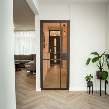 Stalen Binnendeur 6 Vlaks Brons Brons rook glas Met slot, Minder dan 80 cm, Binnendeur, Nieuw, Metaal