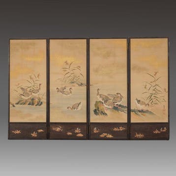 Paravent pliant avec une peinture de canards - Soie, Papier,