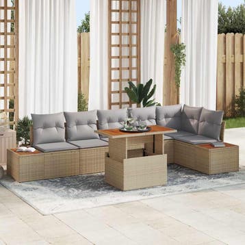 vidaXL Tuinbank Set 7 st Beige Poly rattan, Verzenden, Nieuw
