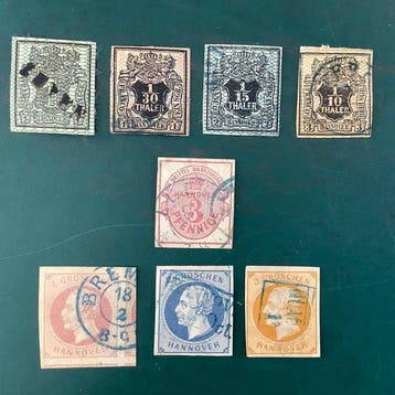 Hannover 1866/1859 - 8 opeenvolgende zegels met posthoorn -, Postzegels en Munten, Gestempeld