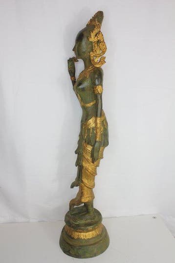 Grote Thaise tempeldanseres – Brons, groen gepatineerd &, Antiek en Kunst