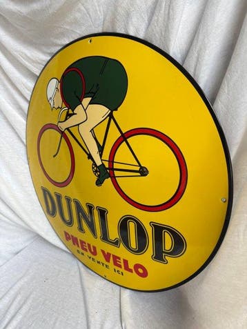 Groot rond Dunlop emaille reclamebord – wielrenner - Emaille