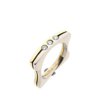 Bicolor gouden abstracte rijring met diamanten; 0,10 ct., Handtassen en Accessoires, Ringen, Gebruikt, Ophalen of Verzenden, Kleiner dan 17