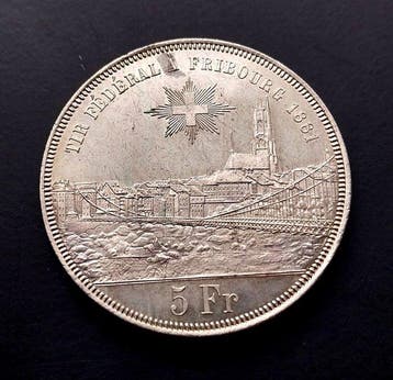 Suisse. 5 Francs 1881 / Fribourg Shooting Festival, Postzegels en Munten