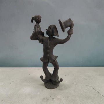 Figurine - Bronze Clown Sculpture with Child - 15.5 cm -, Antiek en Kunst