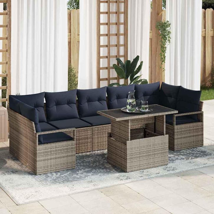 vidaXL Tuinbank Set met kussen 8 pcs grijs en marineblauw, Tuin en Terras, Tuinsets en Loungesets, Nieuw, Verzenden