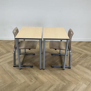 complete schoolset van 8 stoelen + 8 tafels, ahorn - grijs