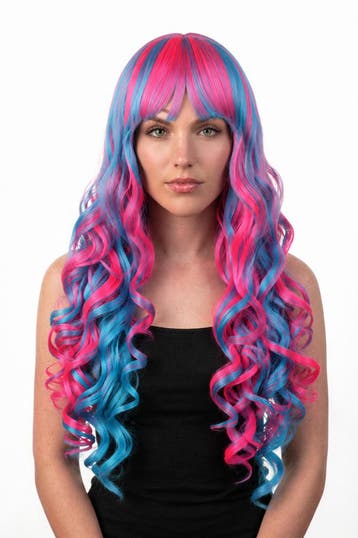 KIMU® Luxe Lange Pruik Roze Blauw Krullen Pony Gekleurde Uni, Ophalen of Verzenden