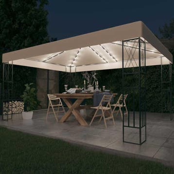 vidaXL Prieel met LED-lichtslinger 3x4 m stof crèmekleurig, Verzenden, Nieuw