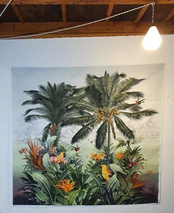 Uniek katoenen paneel in jungle-stijl met papegaaien -, Antiek en Kunst, Antiek | Tapijten, Tafelkleden en Textiel