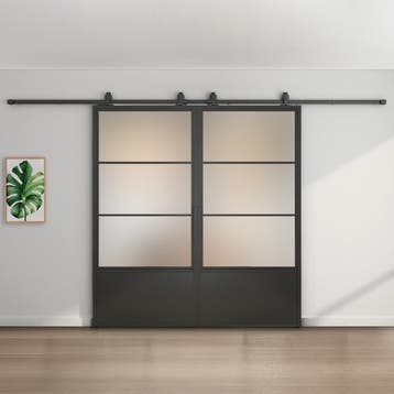 Dubbele stalen schuifdeur Zwart 3 Vlaks met kickplate Mat gl