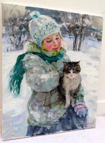 Elena Salnikova (1970) - Fillette au Chaton - Hiver est