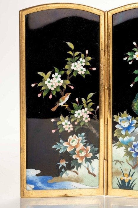 Paravent - Émail, Métal, Un fin écran de table cloisonné sur, Antiquités & Art, Antiquités | Autres Antiquités