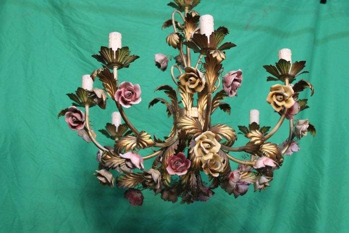 Lustre - Laiton doré, Capodimonte - Floral Capodimonte, Antiquités & Art, Curiosités & Brocante