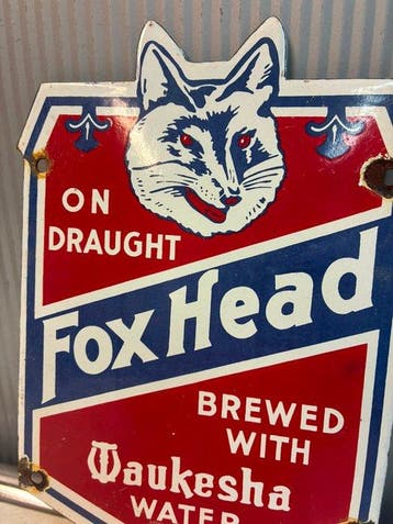 Fox Head Beer – Panneau publicitaire émaillé – Waukesha