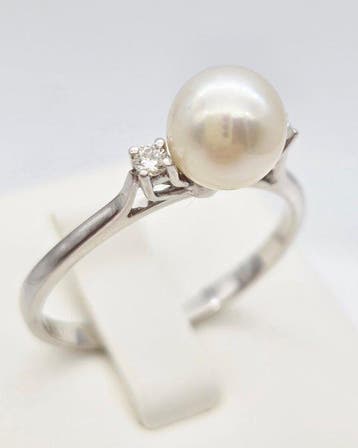 Ring - 18 karaat Witgoud Parel - Diamant, Nieuw