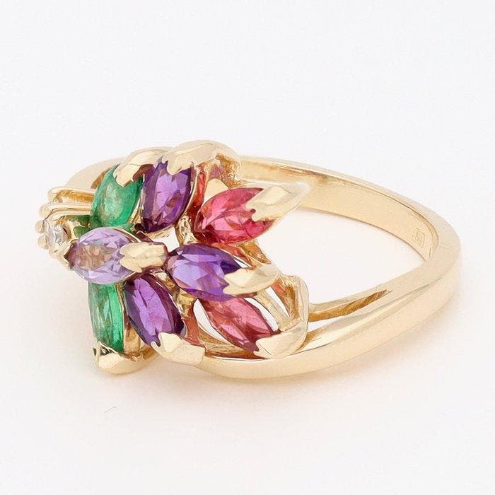 Bague - 14 carats Or jaune, Émeraude, quartz, améthyste et, Handtassen en Accessoires, Ringen