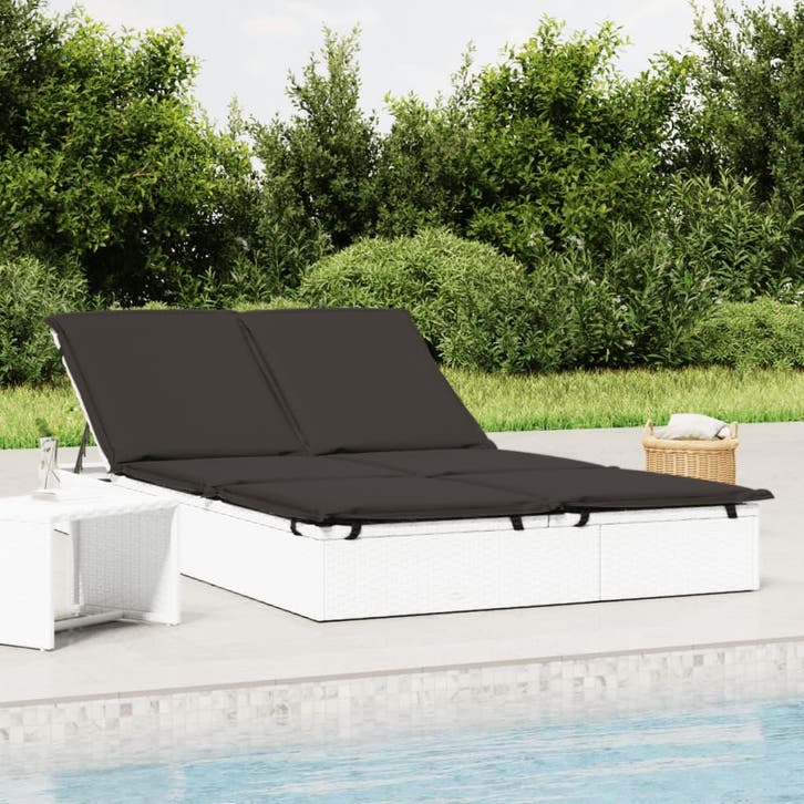 vidaXL Ligbed met kussens 2-persoons poly rattan wit, Jardin & Terrasse, Chaises longues, Envoi