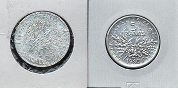 Frankrijk. Lote de 2 Moedas de Prata (100 Francos e 5