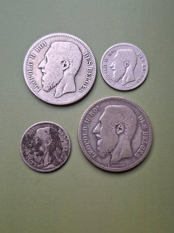 België. Leopold II. Lot van 2x 2 Francs en 2x 50 Centimes