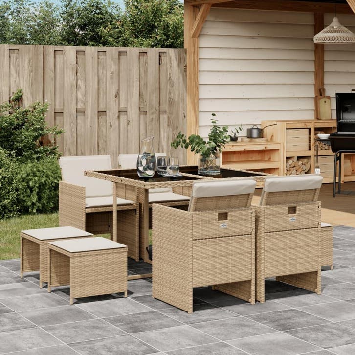 vidaXL 9-delige Tuinset met kussens poly rattan beige, Tuin en Terras, Tuinsets en Loungesets, Tuinset, Nieuw, Verzenden