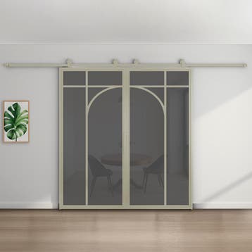 Dubbele stalen schuifdeur Kiezelgrijs5 Vlaks rond Rookglas