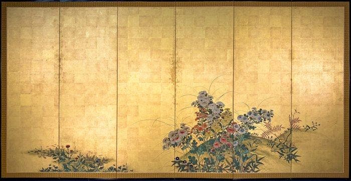 Un paravent pliant à six panneaux, peint sur papier, avec, Antiquités & Art, Antiquités | Autres Antiquités