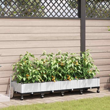 vidaXL Tuin Plantenbak met Irrigatie en Wielen 4 st Wit PP, Verzenden