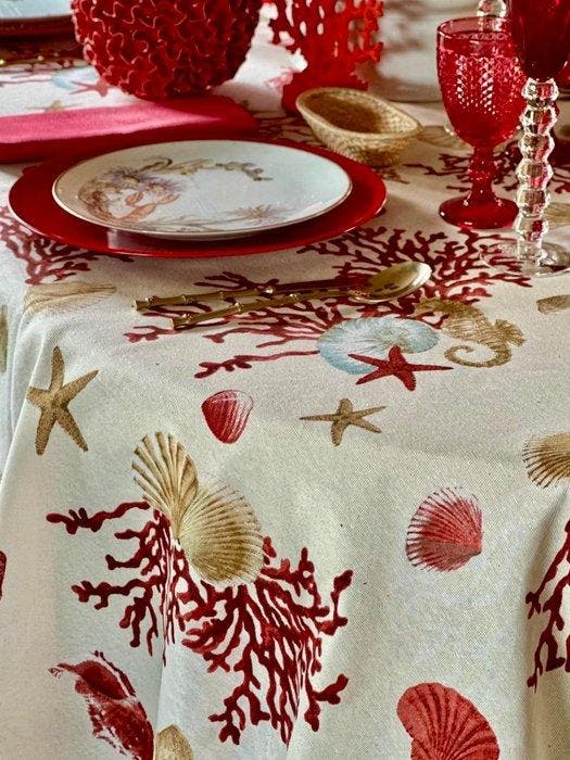 Tafelkleed met koraalatol op een lichte achtergrond voor, Antiquités & Art, Tapis & Textile