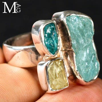 Sterling zilveren ring met rauwe aquamarijn, heliodor en