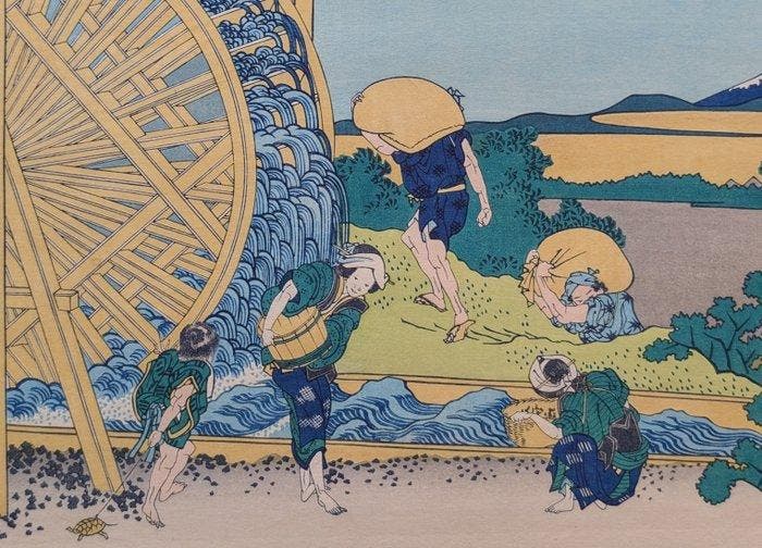 Katsushika Hokusai De watermolen bij Onden - 36 Zichten op, Antiek en Kunst, Antiek | Overige Antiek