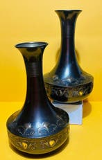 Daalderop Holland – Art Nouveau Pair of Relief Metal Vases –