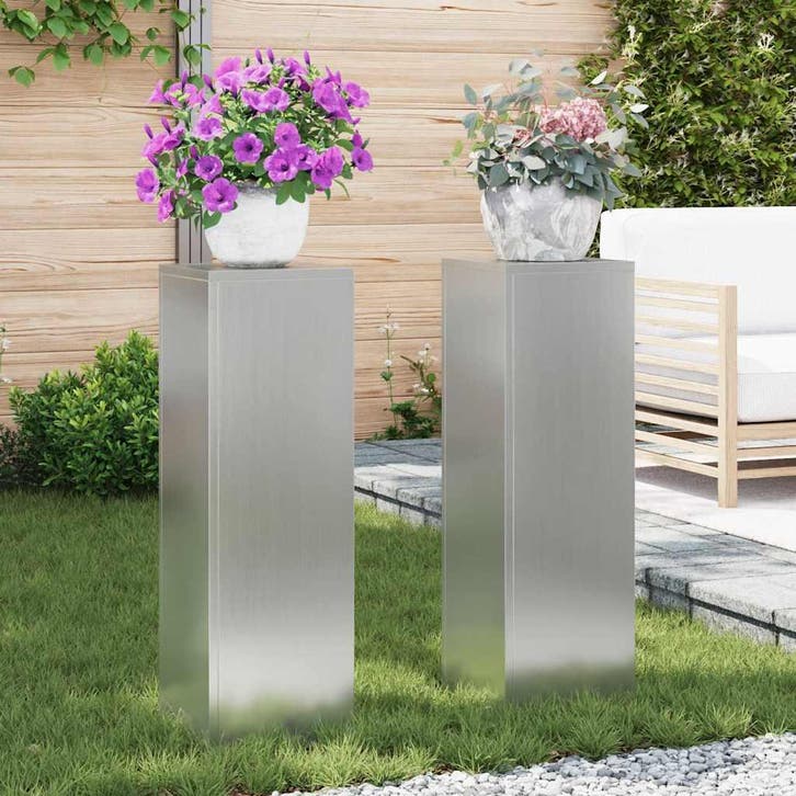 vidaXL Plantenstand 2 pcs Zilver 24 x 24 x 75 cm, Tuin en Terras, Bloembakken en Plantenbakken, Nieuw, Verzenden