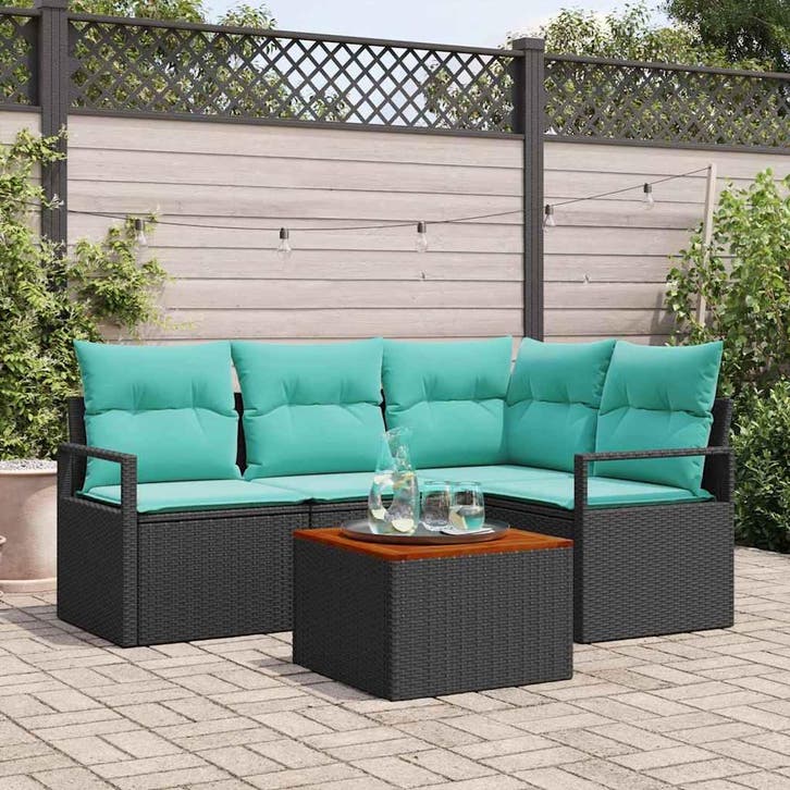vidaXL Tuinbank Set met kussen 5 pcs Zwart poly rattan, Tuin en Terras, Tuinsets en Loungesets, Nieuw, Verzenden